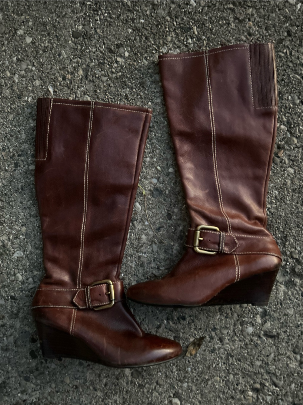 Fossil Tall Wedge Boots Brown Leather Y2K Size 10 Buckle Boho Women’s